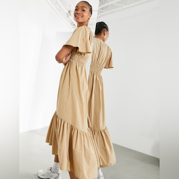 ASOS Dresses & Skirts - ASOS Edition Shirred-Waist Tiered Midi Dress Camel Women’s 2